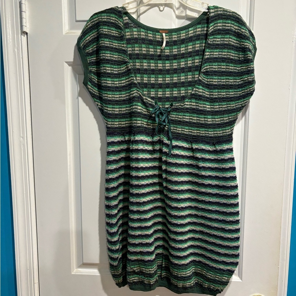 Free People Green, Black & White Striped Knit Tunic with Lace-Up Neck